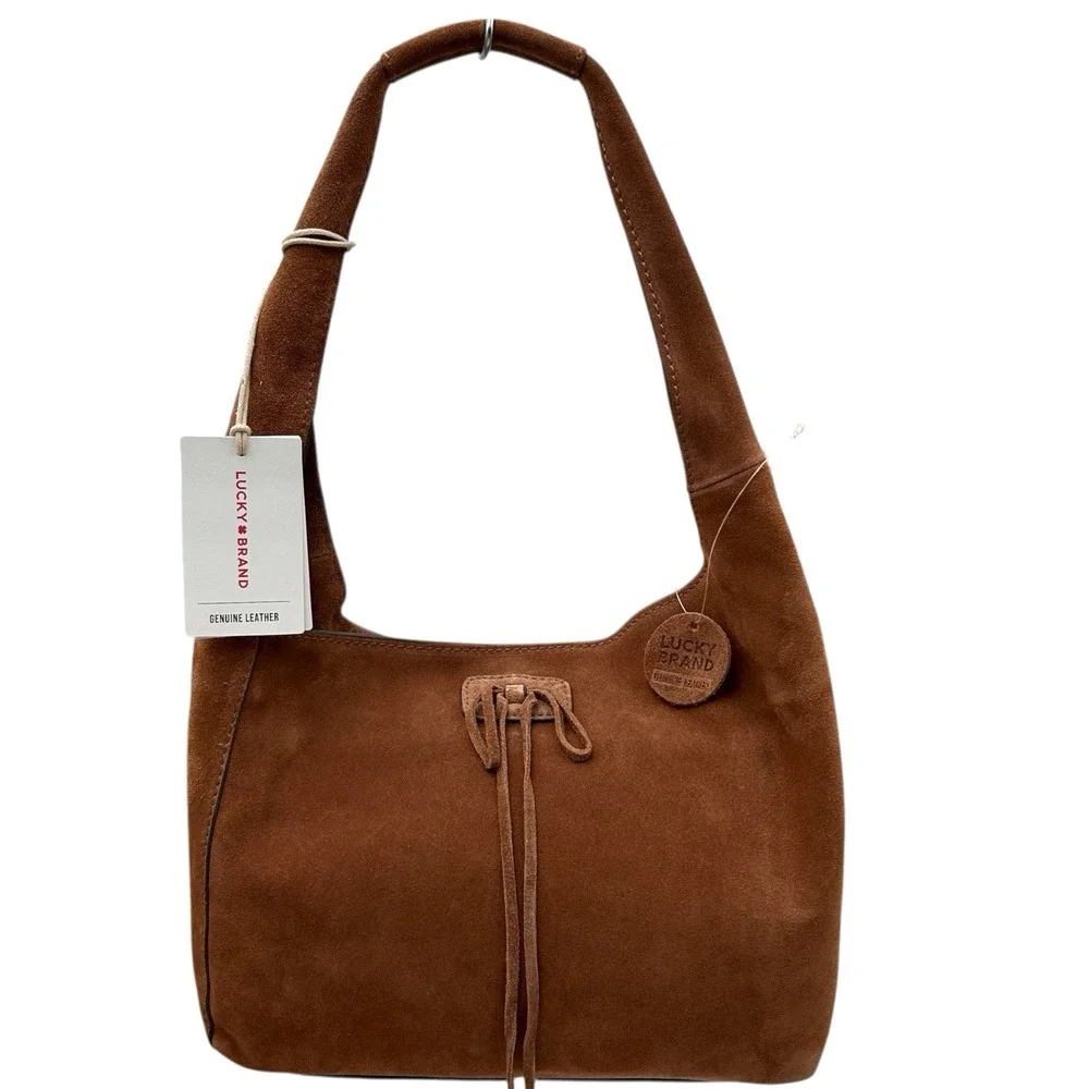 Lucky Brand Clem Suede Hobo Bag Brown Medium Leather Boho Tote 10X8X4